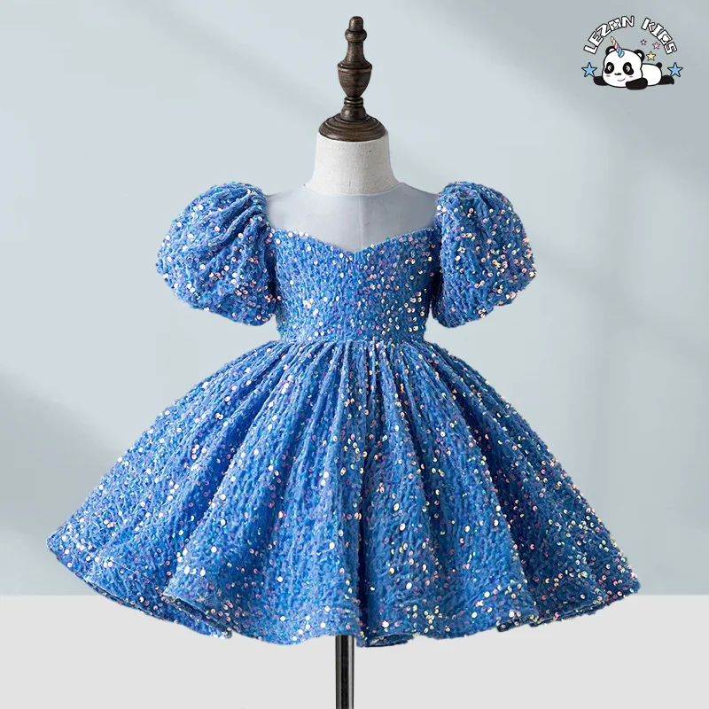 LEZONKIDS - Novo Vestido de Princesa de Aniversário com Lantejoulas, Vestido de Primeiro Ano, Vestido de Desempenho, Vestido de Menina, Vestido de Florista de Casamento com Manga Bolha